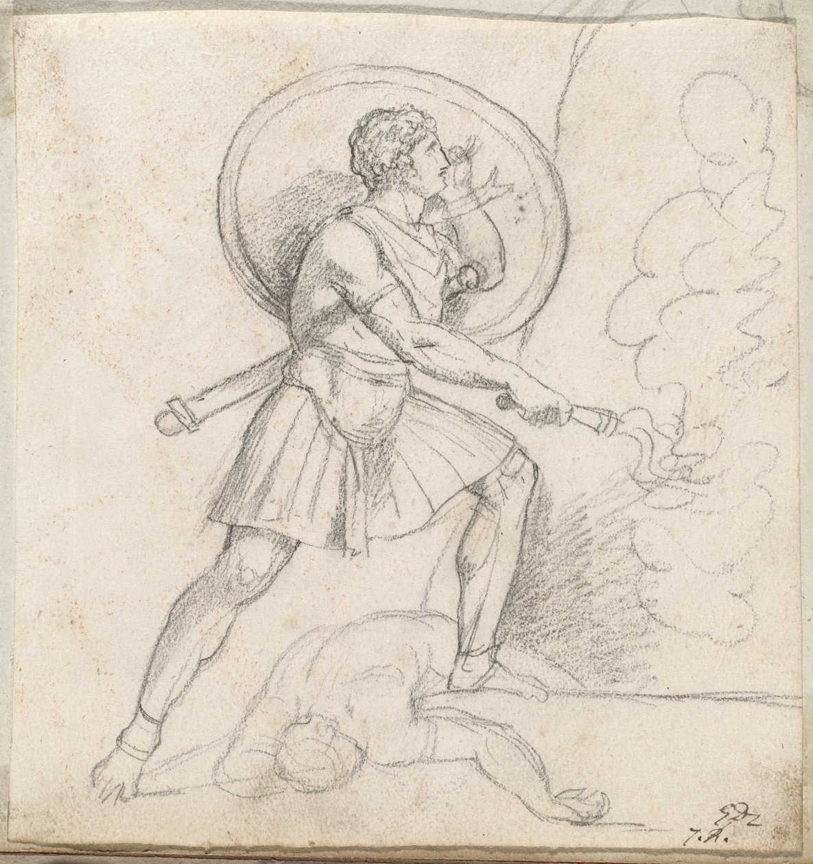 Krijger met schild en fakkel door Jacques Louis David