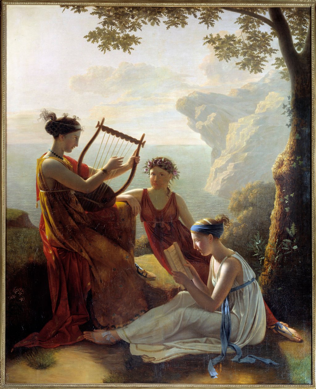 Griekse dichteres Sappho speelt lier met twee van haar metgezellen door Jacques Louis Michel Grandin