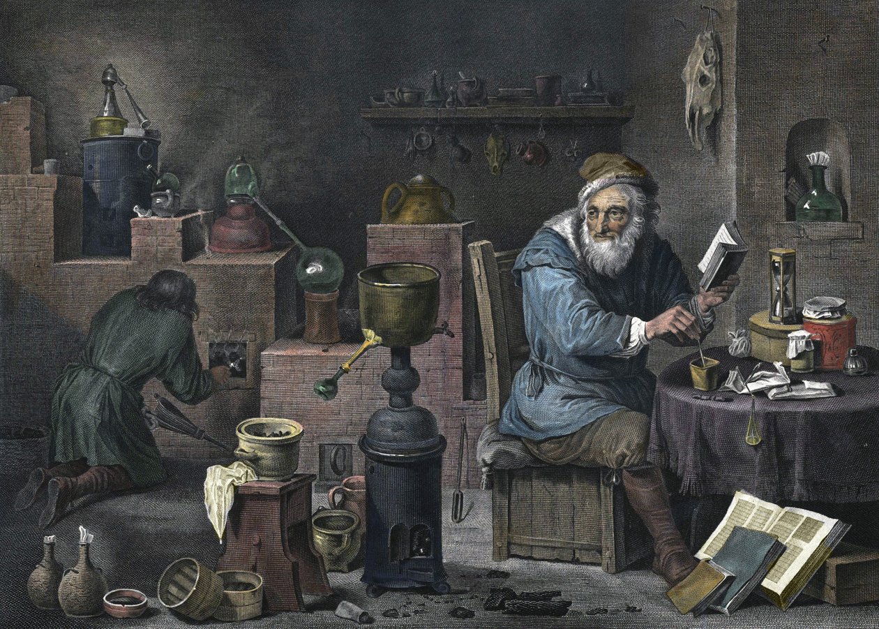 De alchemist (gravure) door Jacques Louis Perée