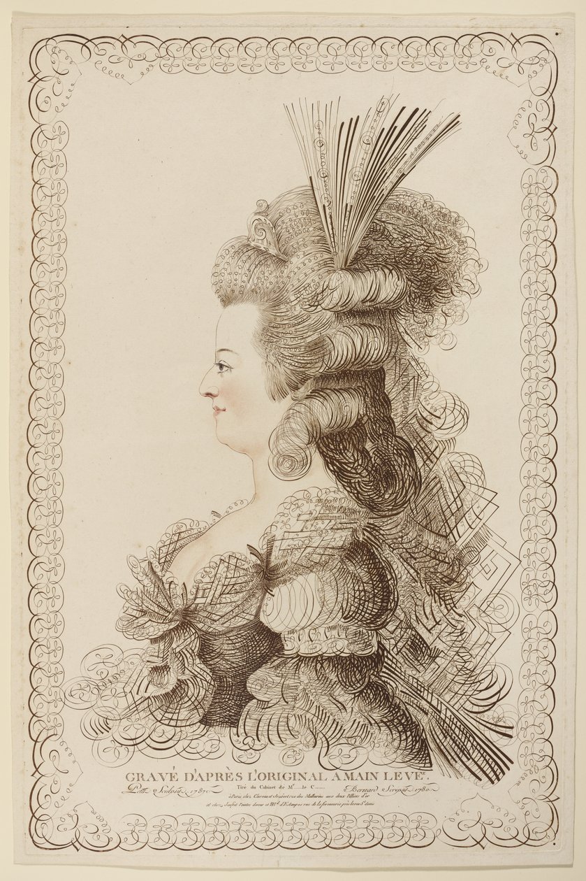 Calligrafisch portret van Marie Antoinette, 1787 door Jacques Louis Petit