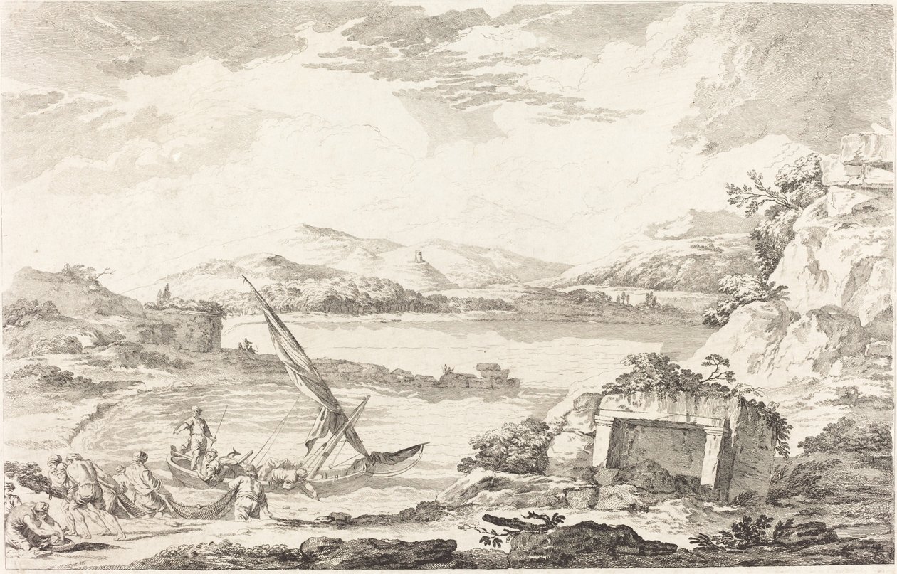 Uitzicht op de Oude Haven van Phaleron, Athene door Jacques Philippe LeBas after Julien David Le Roy