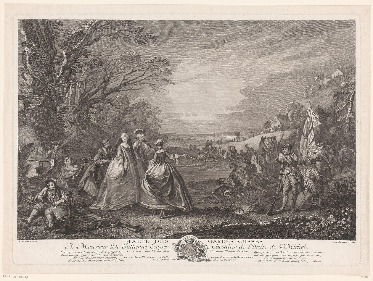 Landschap met vier figuren een bezoek brengend aan een legerkamp door Jacques Philippe Le Bas