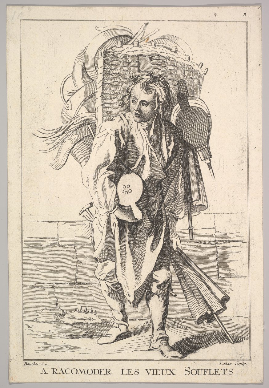 Omgekeerde kopie van A Racomoder les Vieux Souflets Mend the Old Bellows, uit Le Cri..., 18e eeuw door Jacques Philippe Le Bas
