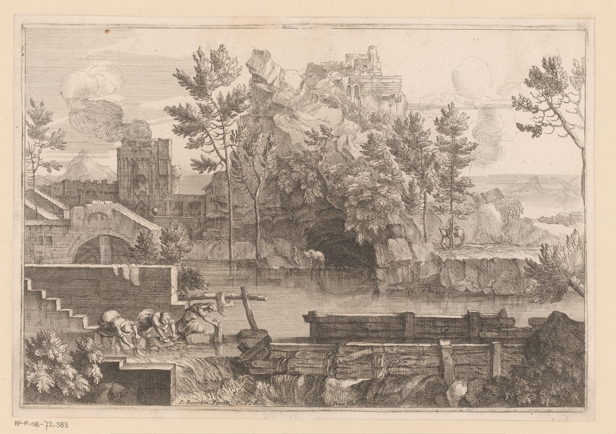 Landschap met meer en drie wassende vrouwen door Jacques Prou