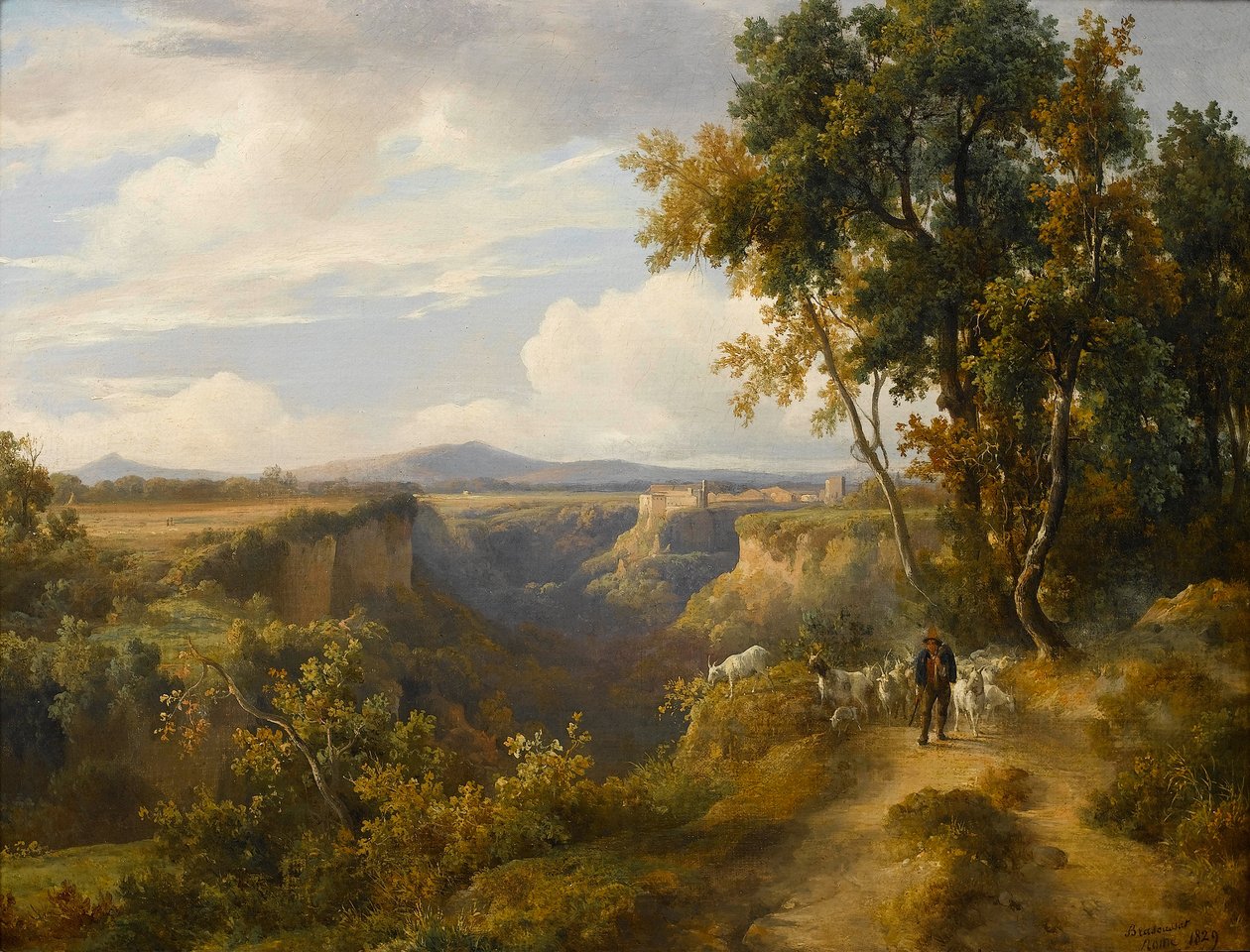 Een geitenhoeder en zijn kudde in een Italiaans landschap, mogelijk Faleria door Jacques Raymond Brascassat