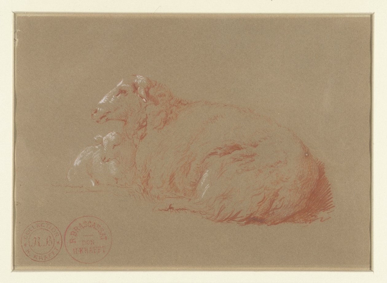 Liggend schaap met lam door Jacques Raymond Brascassat
