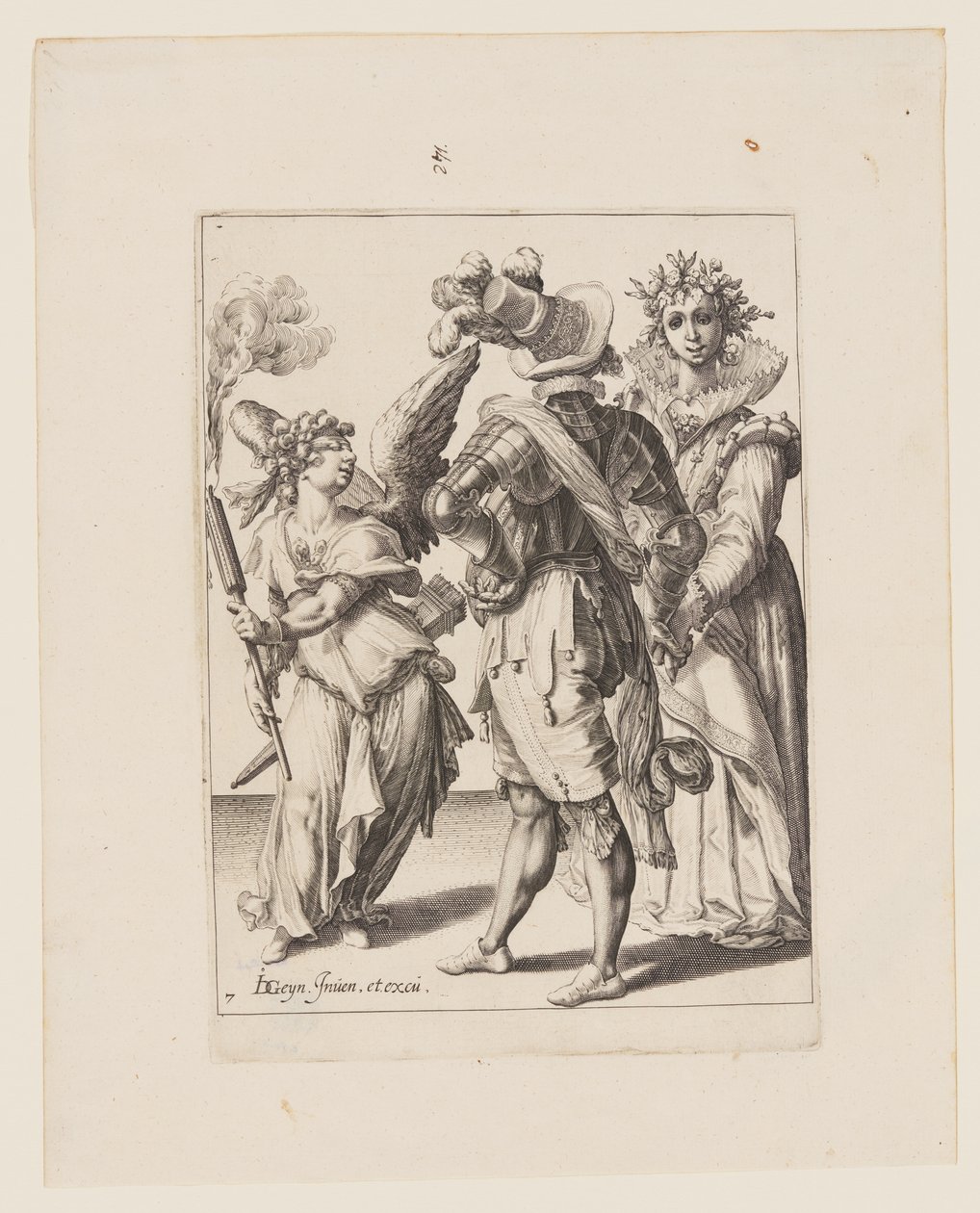 Een geblinddoekte Cupido die een fakkel voor een paar houdt, uit De maskerades door Jacques de Gheyn II