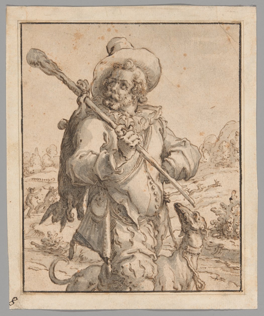 Een jager met een dode haas en een hond (Studie voor "Terra") door Jacques de Gheyn II
