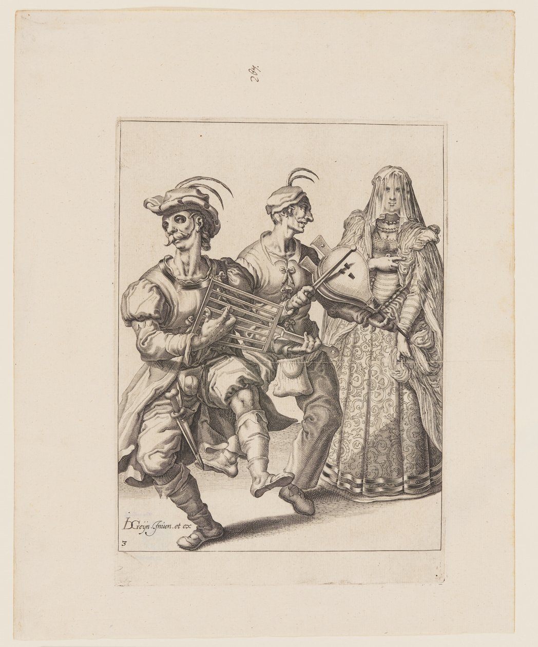 Een gesluierde vrouw met twee muzikanten die een rooster en een blaasbalg bespelen, uit De maskerades door Jacques de Gheyn II