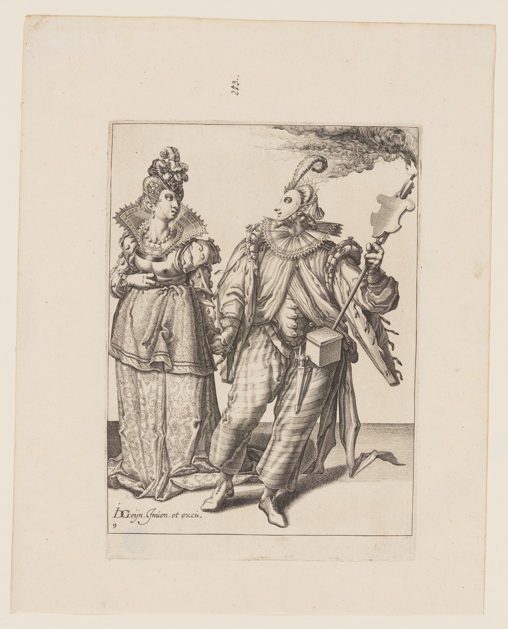 Een vrouw geleid door een speler met een fakkel, uit De maskerades door Jacques de Gheyn II