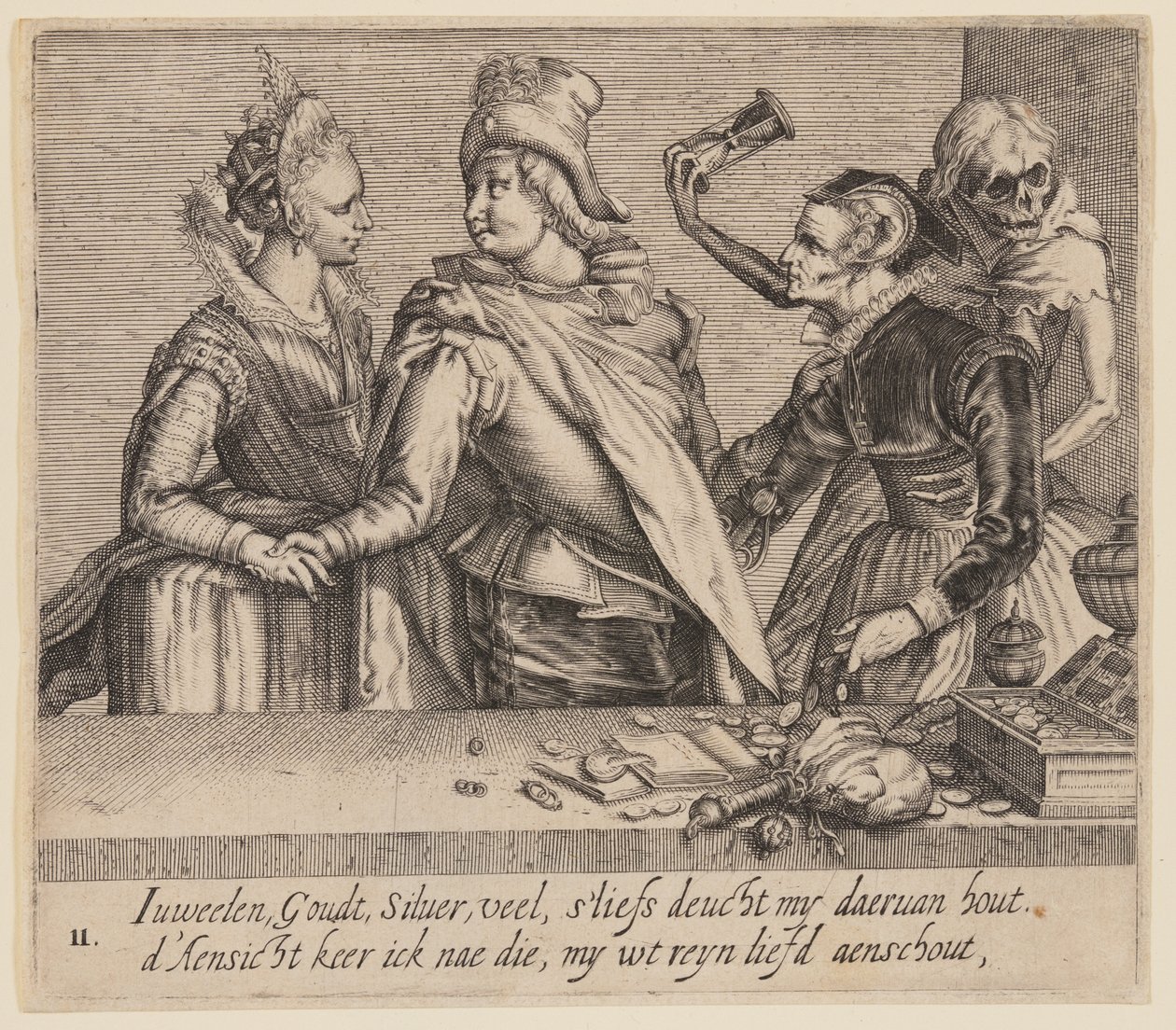 Een jonge man tussen een jonge vrouw en een oude vrouw, uit Unequal Lovers door Jacques de Gheyn II