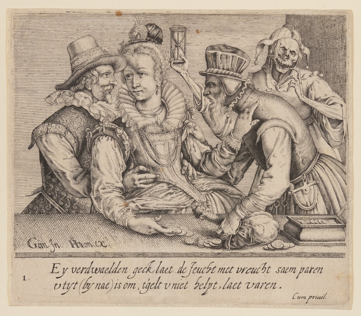 Een jonge vrouw tussen een jonge man en een oude man, uit Unequal Lovers door Jacques de Gheyn II