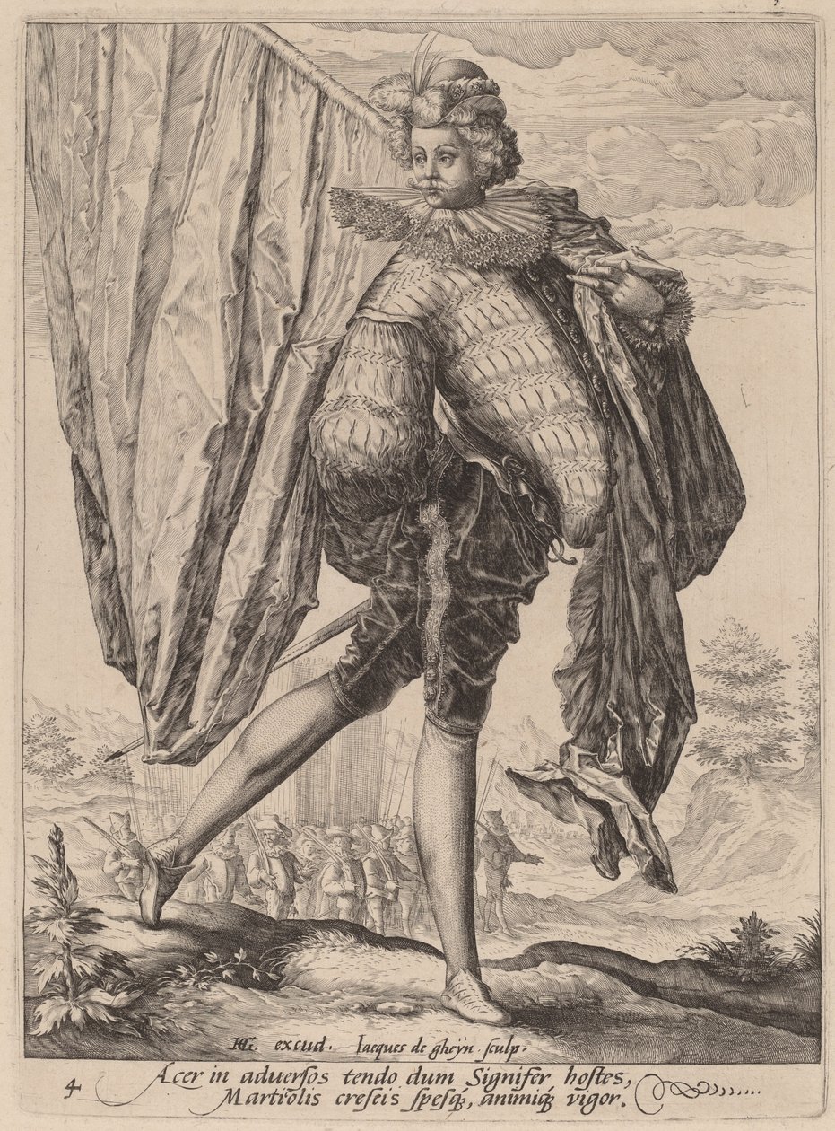 Soldaat gewapend met breedzwaard en schild door Jacques de Gheyn II after Hendrik Goltzius