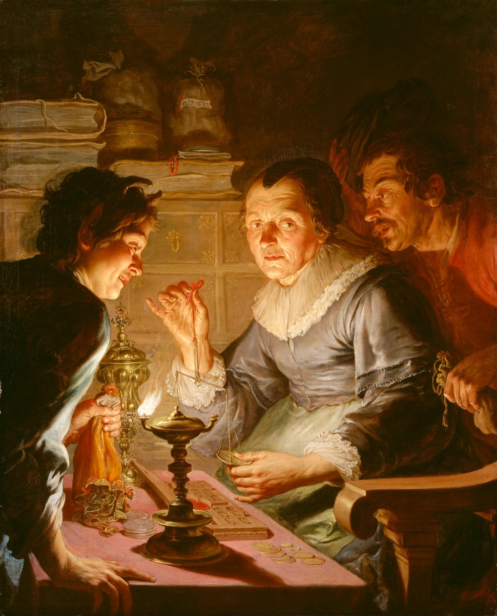 Dutch: Een geldwegende oude vrouw: allegorie op de Gierigheid The Gold Weigher door Jacques de l