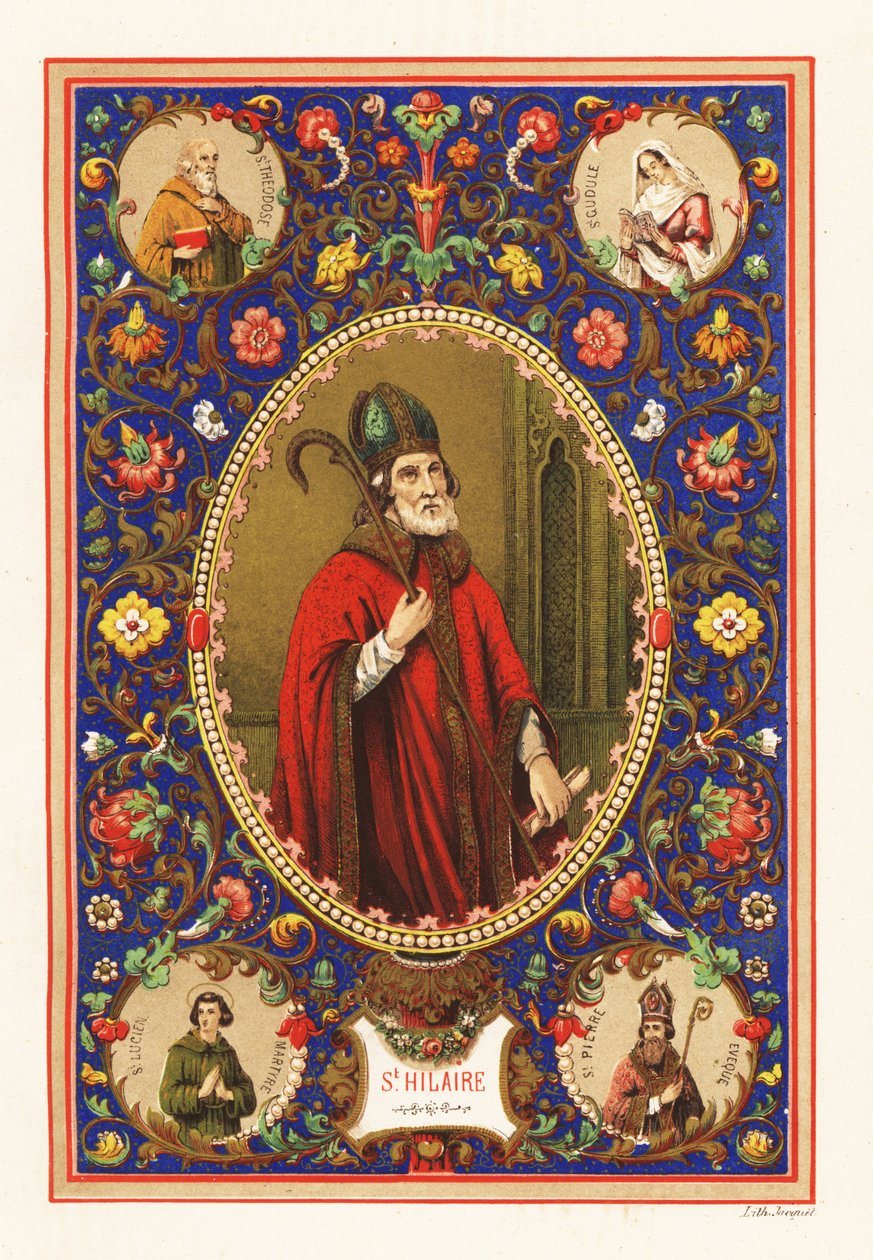 Portret van Sint Hilarius, bisschop van Poitiers, met mijter en staf, binnen decoratieve rand van loof door Jacquet Jacquet
