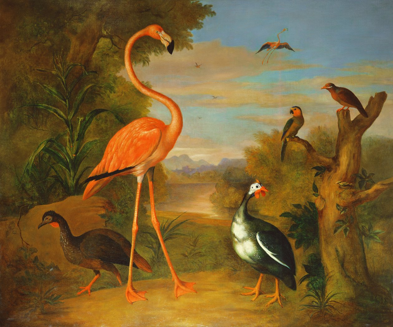 Flamingo en andere vogels in een landschap door Jakob Bogdani or Bogdany