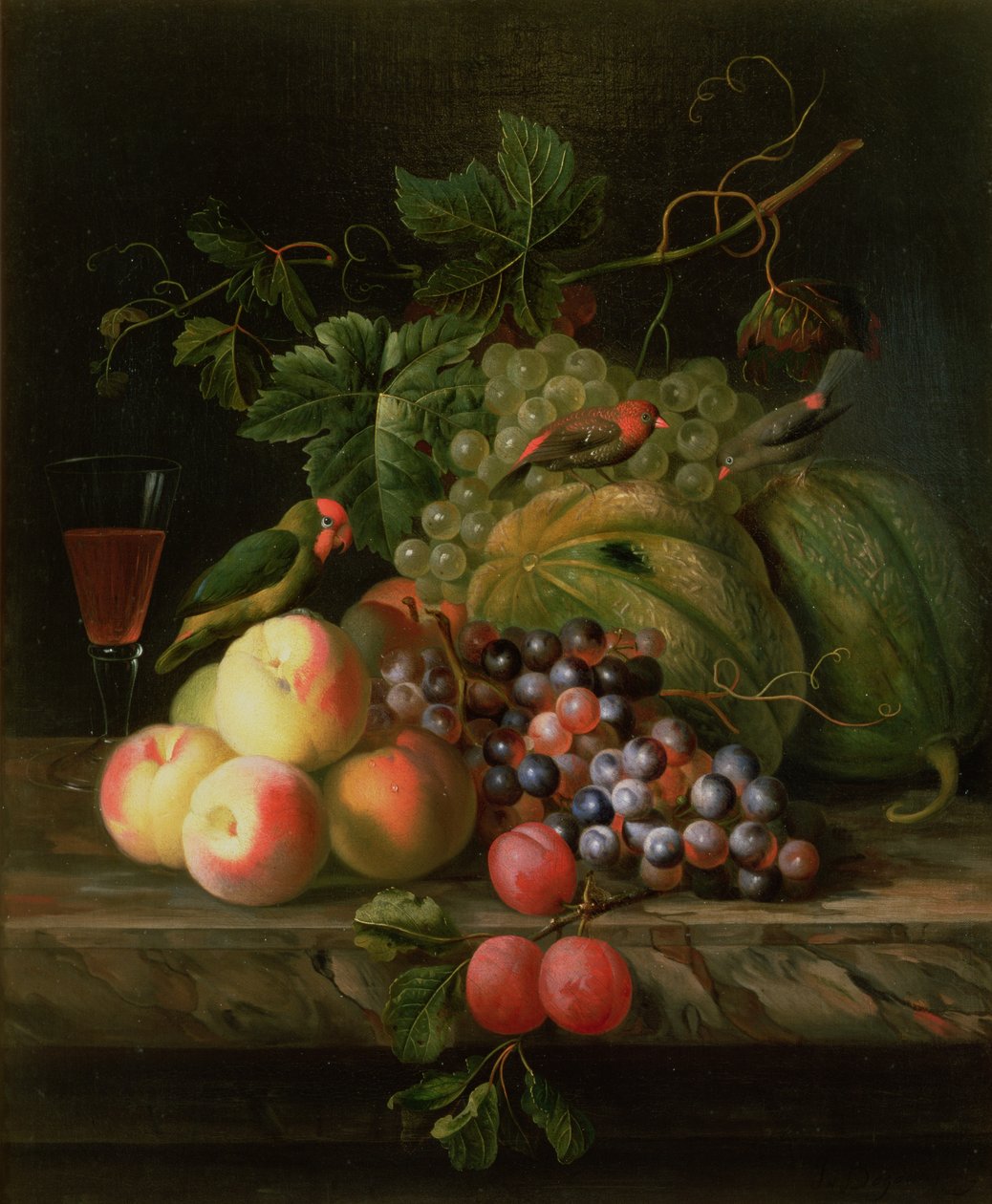 Stilleven van fruit op een richel met parkieten door Jakob Bogdani or Bogdany