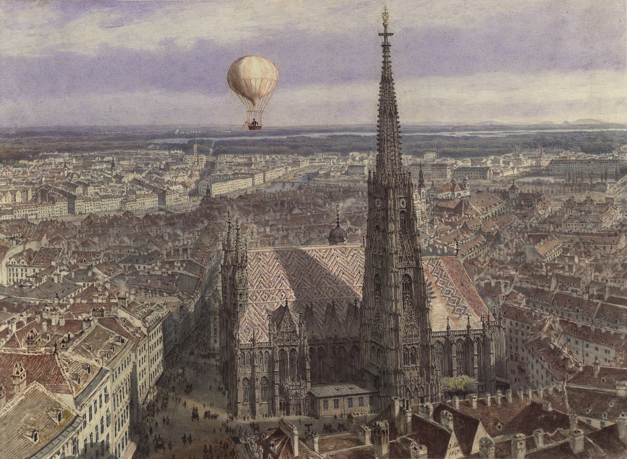 Ballonvaart boven Wenen (Gezicht op Wenen vanuit het zuidwesten met een ballon boven de stad) door Jakob Alt