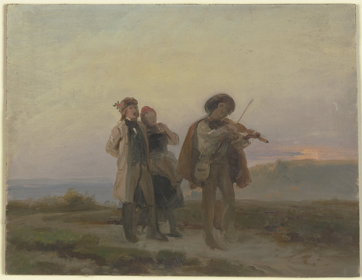 Avondwandeling, een violist en een boerenpaar op de velden door Jakob Becker
