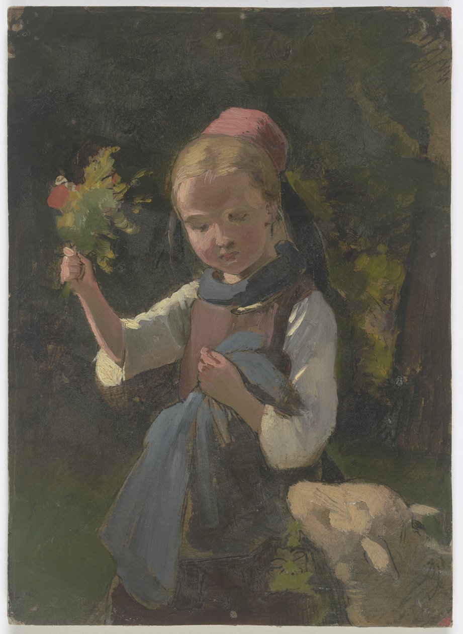 Boerenmeisje met bloemenboeket, van rechts een schaap door Jakob Becker