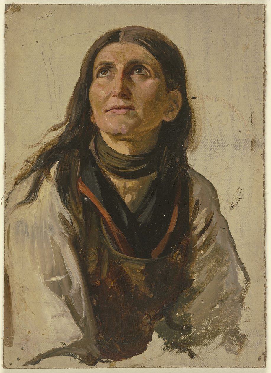 Portret van een lachende boerin met los haar door Jakob Becker