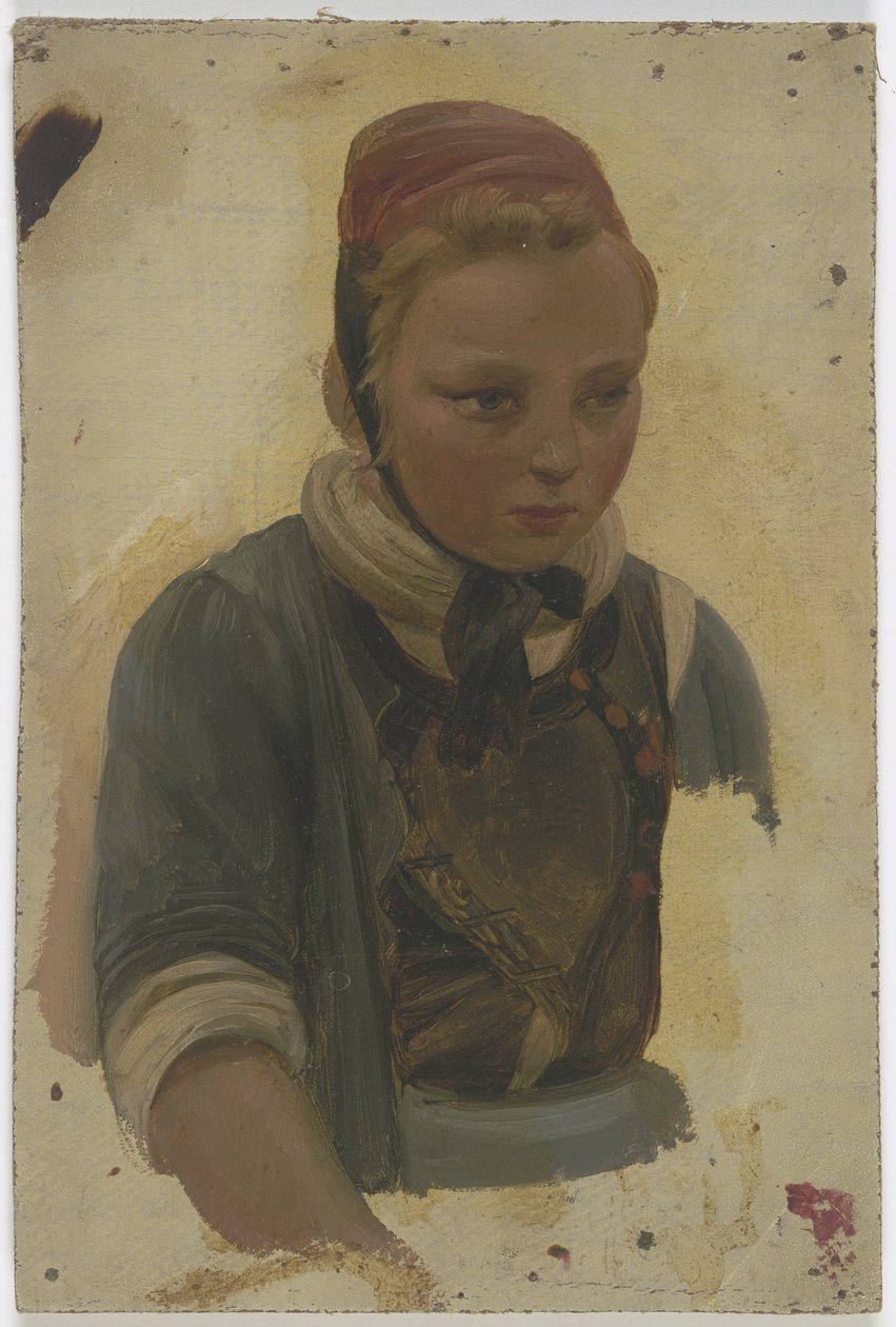Busteportret van een klein boerenmeisje door Jakob Becker