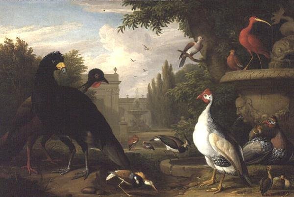 Exotische vogels in een sierlijke tuin door Jakob Bogdani or Bogdany
