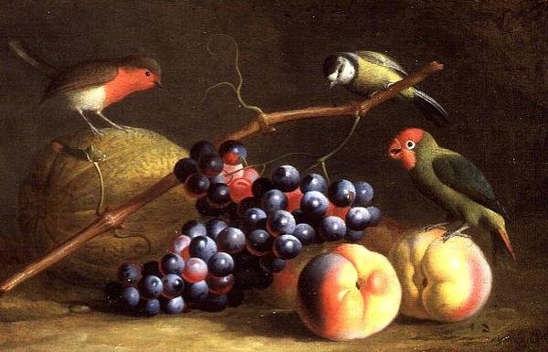 Drie vogels met perziken, druiven en een meloen door Jakob Bogdani or Bogdany
