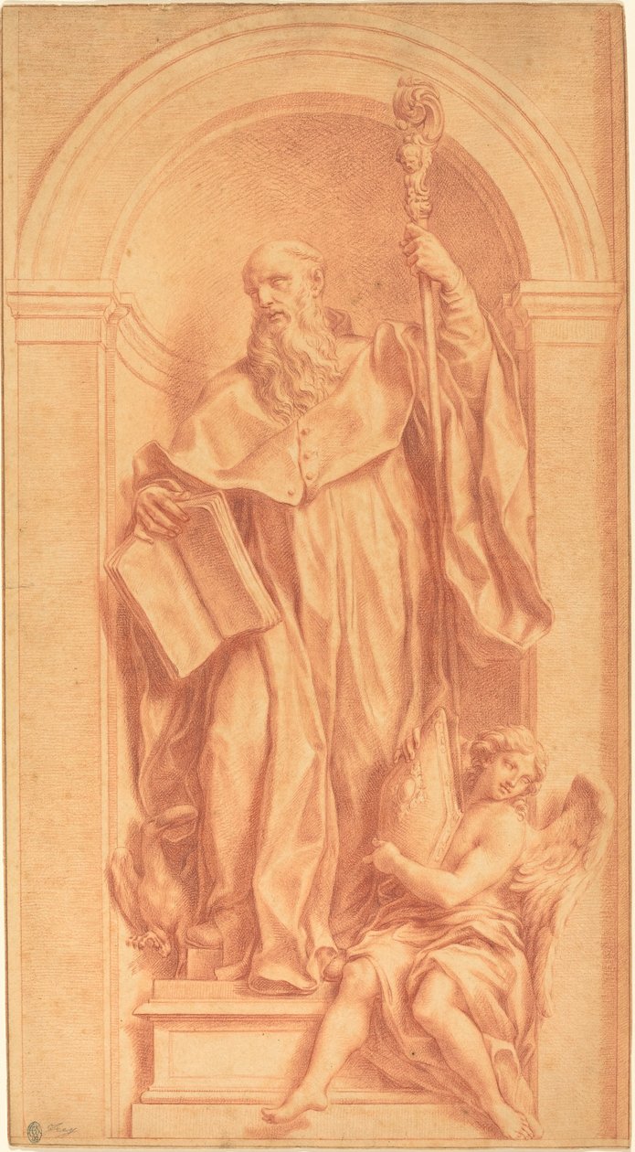 Een Beeld van Sint Benedictus in een Niche door Jakob Frey
