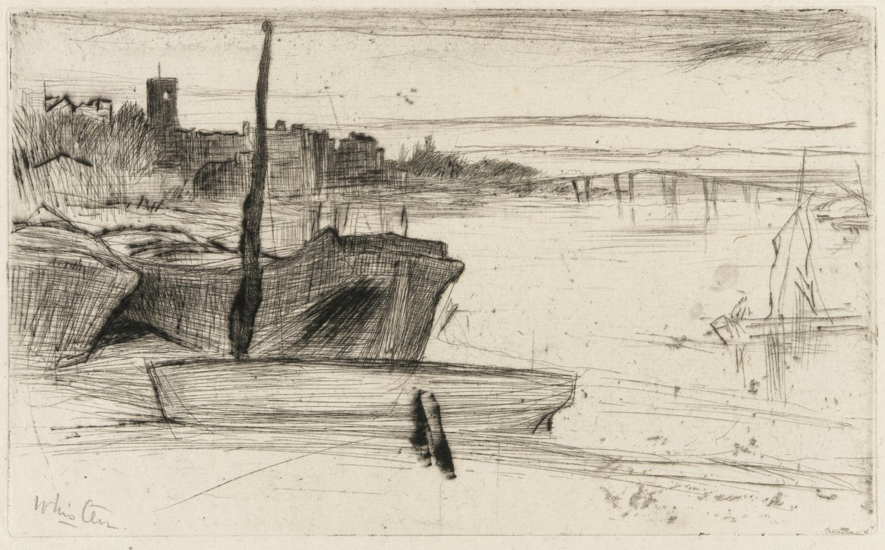 Chelsea Brug en Kerk, ca. 1870-71 door James Abbott McNeill Whistler