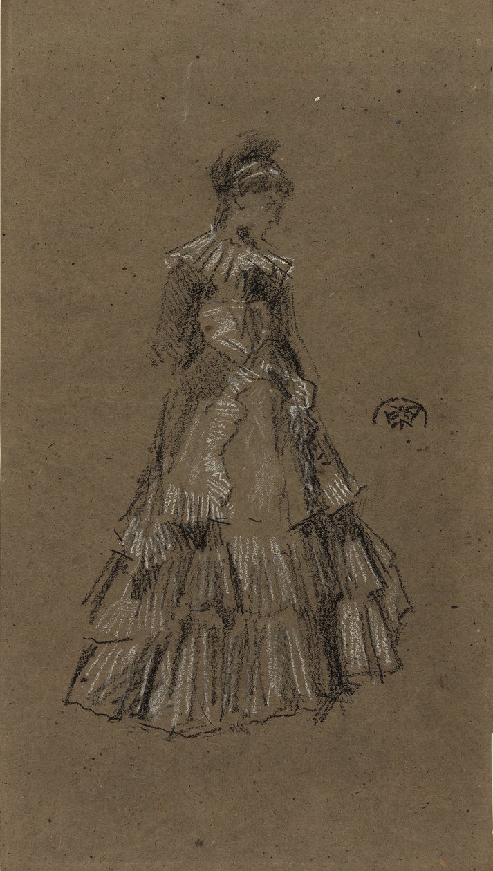 Staande vrouw in geplooide jurk door James Abbott McNeill Whistler