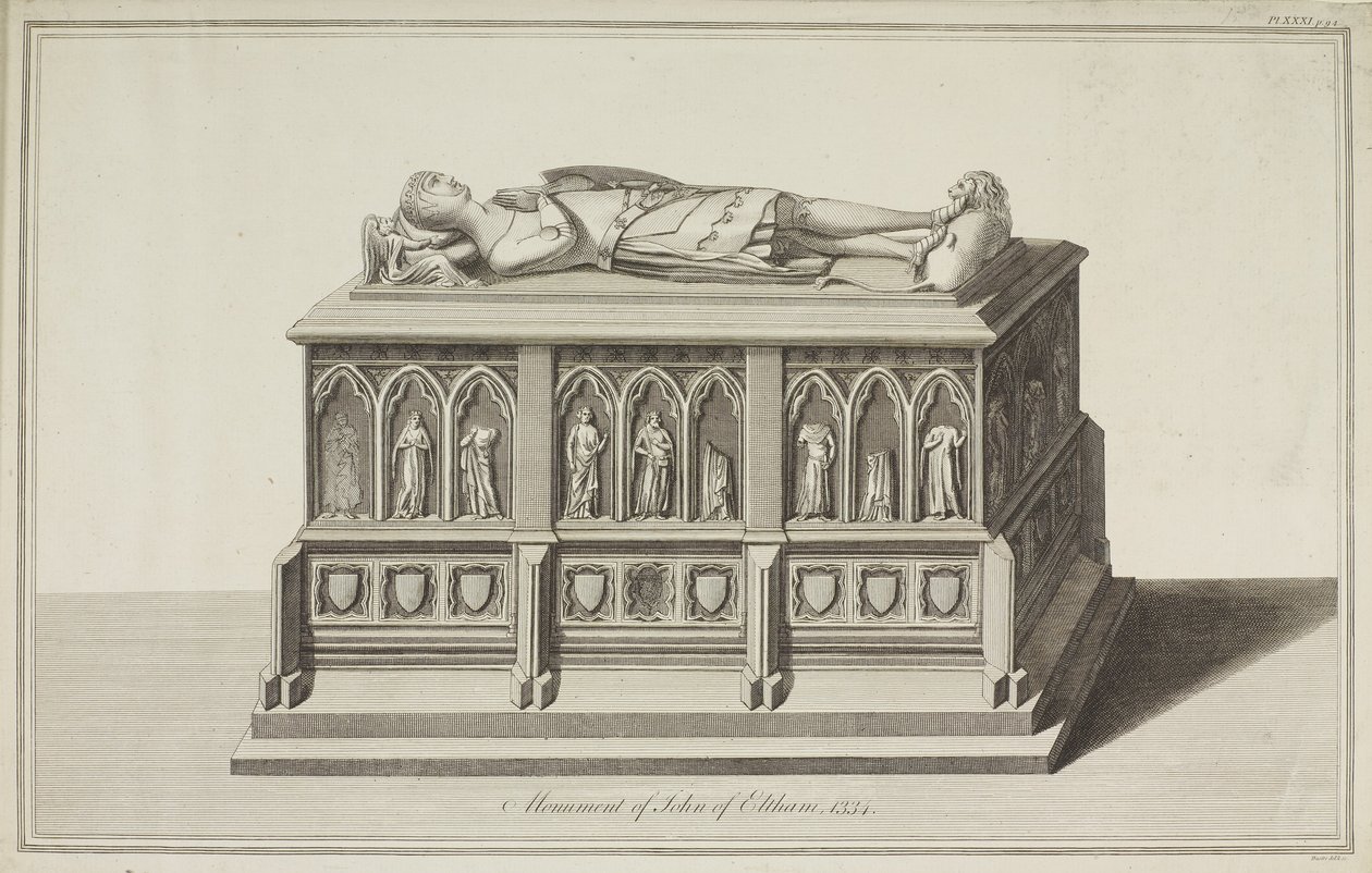 Uitzicht op het monument voor John van Eltham, graaf van Cornwall in Westminster Abbey, ca. 1750 door James Basire