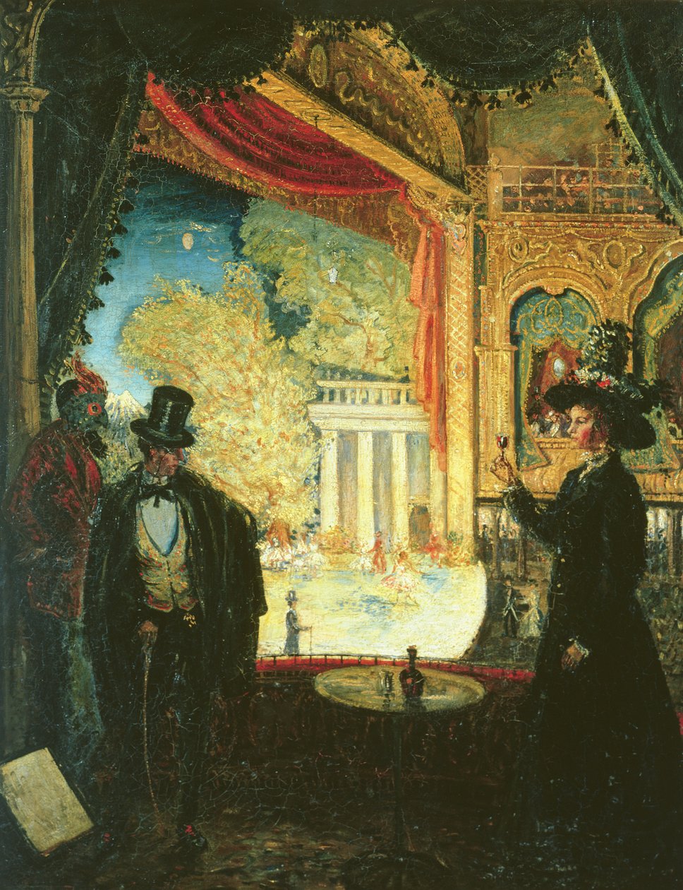 Een scène in een theater: een voorstelling gezien vanuit een loge waarin drie figuren staan, 1908 door James Dickson Innes