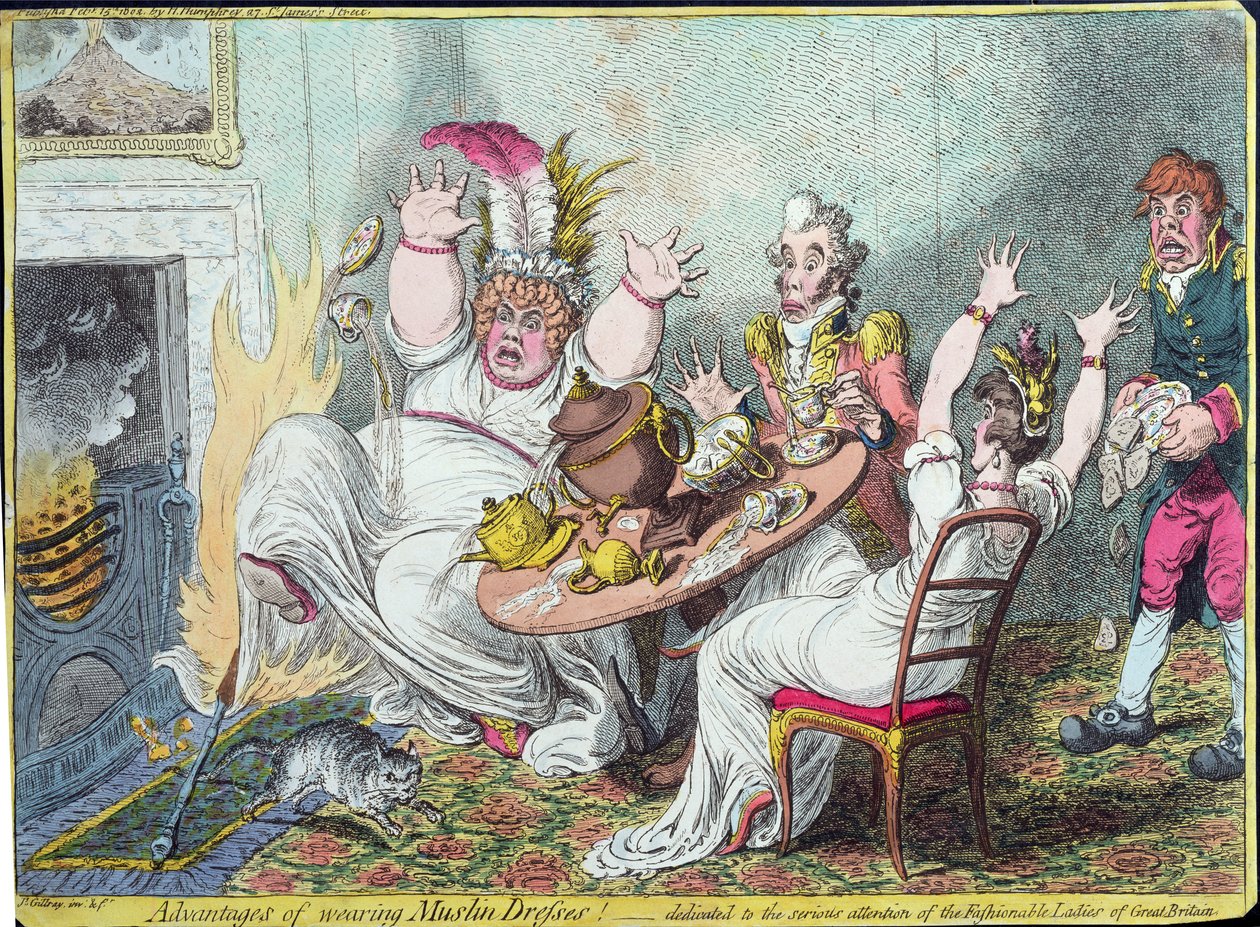 Voordelen van het dragen van mousseline jurken! opgedragen aan de serieuze aandacht van de modieuze dames van Groot-Brittannië, gepubliceerd door Hannah Humphrey, 1802 door James Gillray