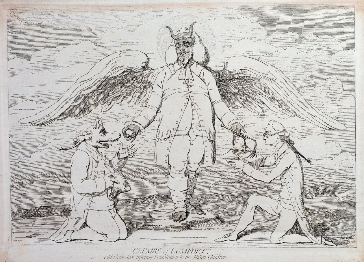Kruimels van troost, of oude orthodoxie die troost herstelt aan zijn gevallen kinderen, gepubliceerd door G. Humphrey in 1782 door James Gillray