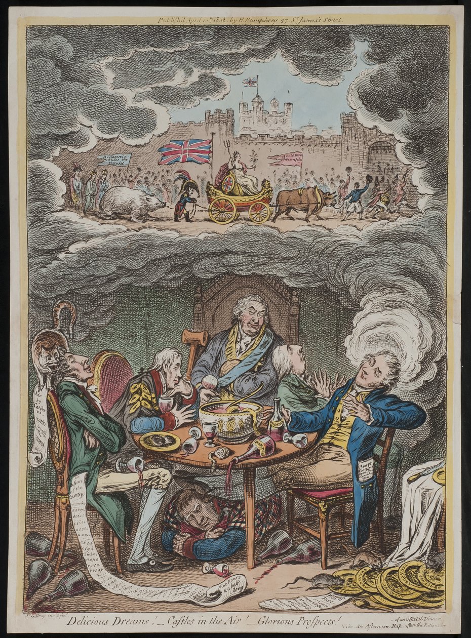 Heerlijke dromen! Kastelen in de lucht! Glorieuze vooruitzichten! zie een middagdutje na de vermoeidheid van een officieel diner door James Gillray