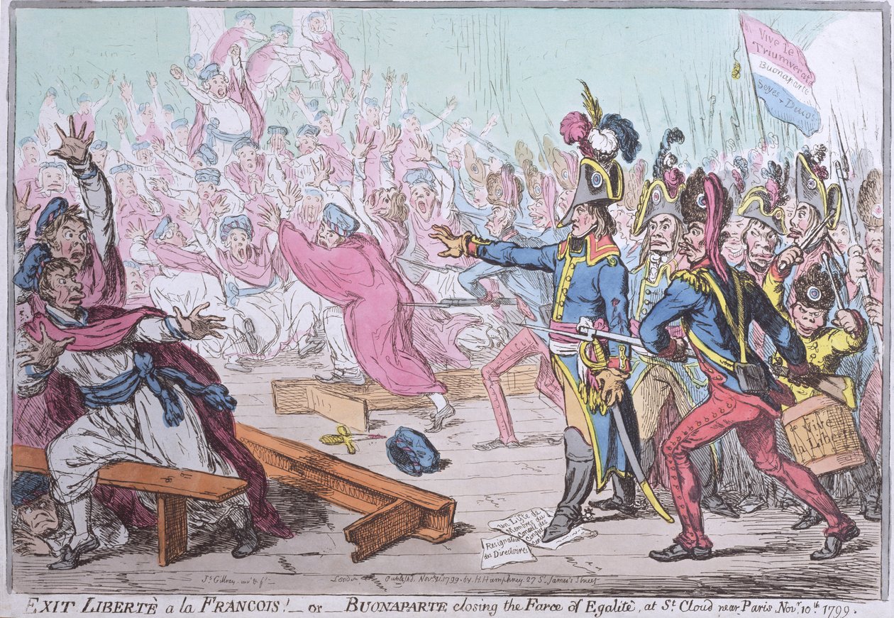 Exit Liberte a la Francois! of Buonaparte sluit de Farce van Egalite in St. Cloud nabij Parijs, gepubliceerd door Hannah Humphrey in 1799 door James Gillray