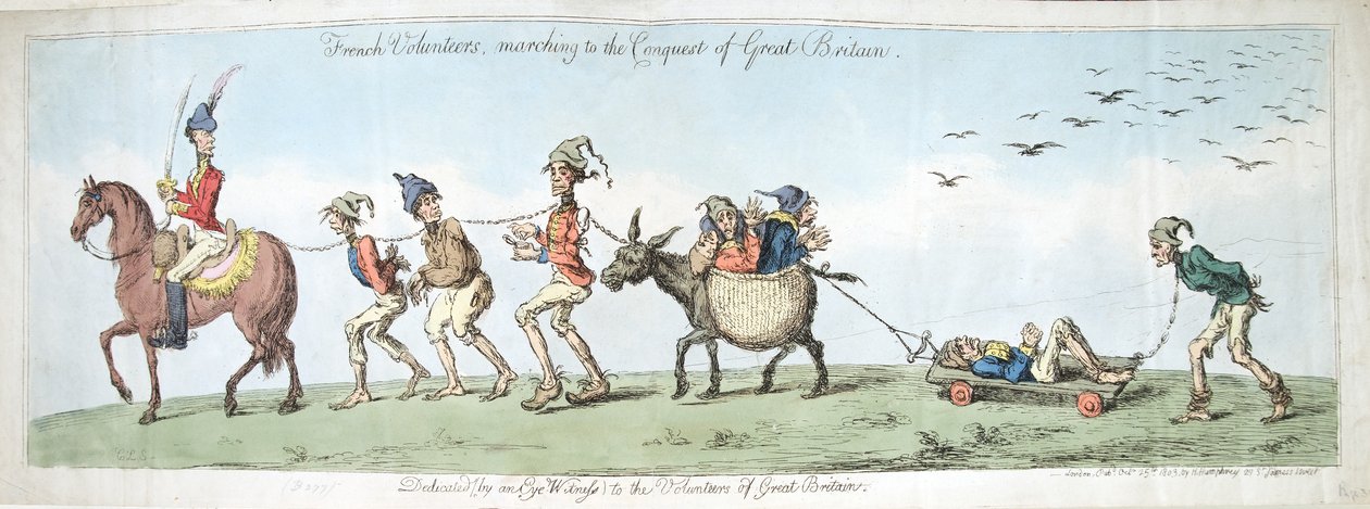 Franse vrijwilligers, marcherend naar de verovering van Groot-Brittannië, gepubliceerd door Hannah Humphrey in 1799 door James Gillray