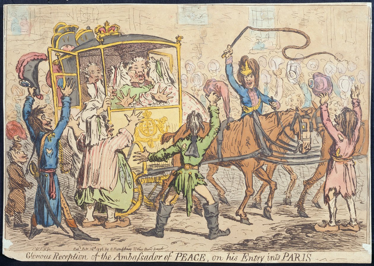 Glorieuze ontvangst van de ambassadeur van vrede bij zijn intrede in Parijs, gepubliceerd door Hannah Humphrey in 1796 door James Gillray