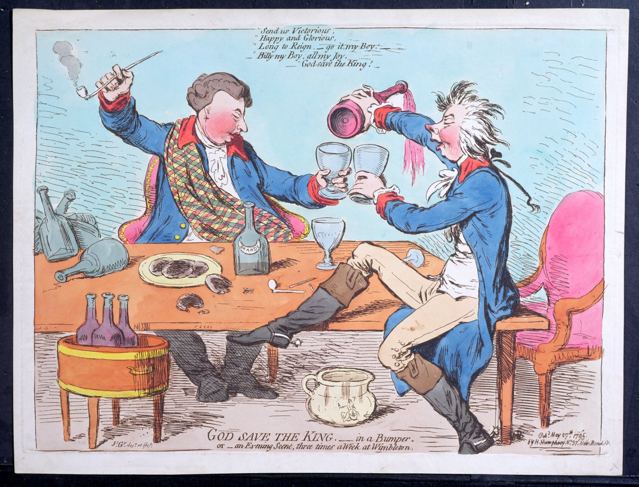 God Save the King- in een bumper, of Een avondscène drie keer per week in Wimbleton, gepubliceerd door Hannah Humphrey in 1795 door James Gillray
