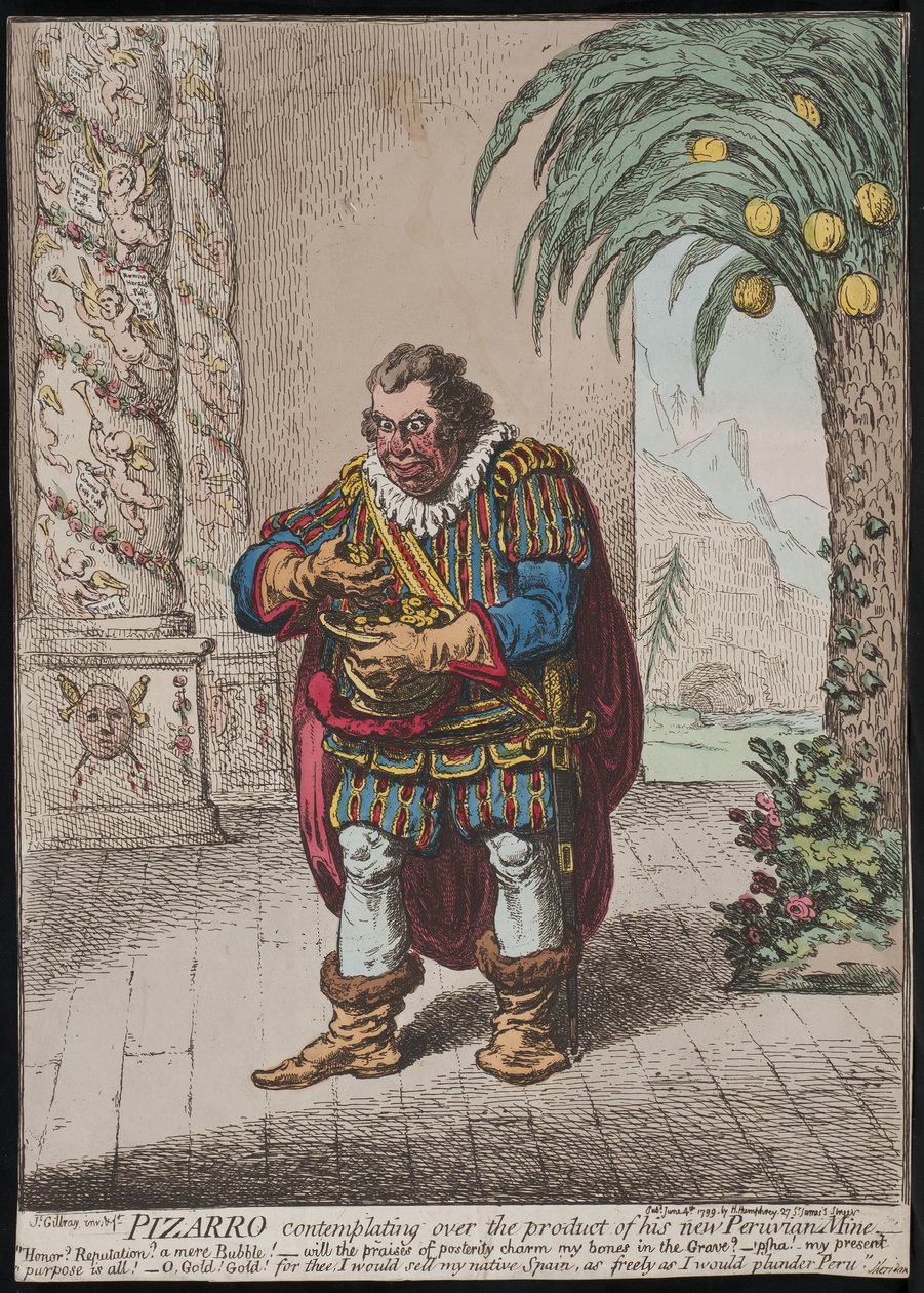 Pizarro overpeinst het product van zijn nieuwe Peruaanse mijn, 1799 door James Gillray