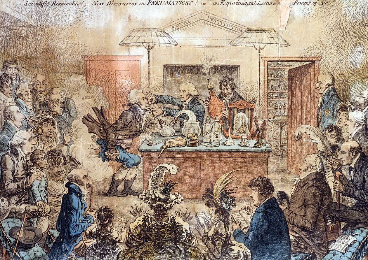 Wetenschappelijk onderzoek! Nieuwe ontdekkingen in PNEUMATICKS! of een experimentele lezing over de krachten van lucht, cartoon van een lezing aan het Royal Institution die de effecten van lachgas demonstreert door James Gillray