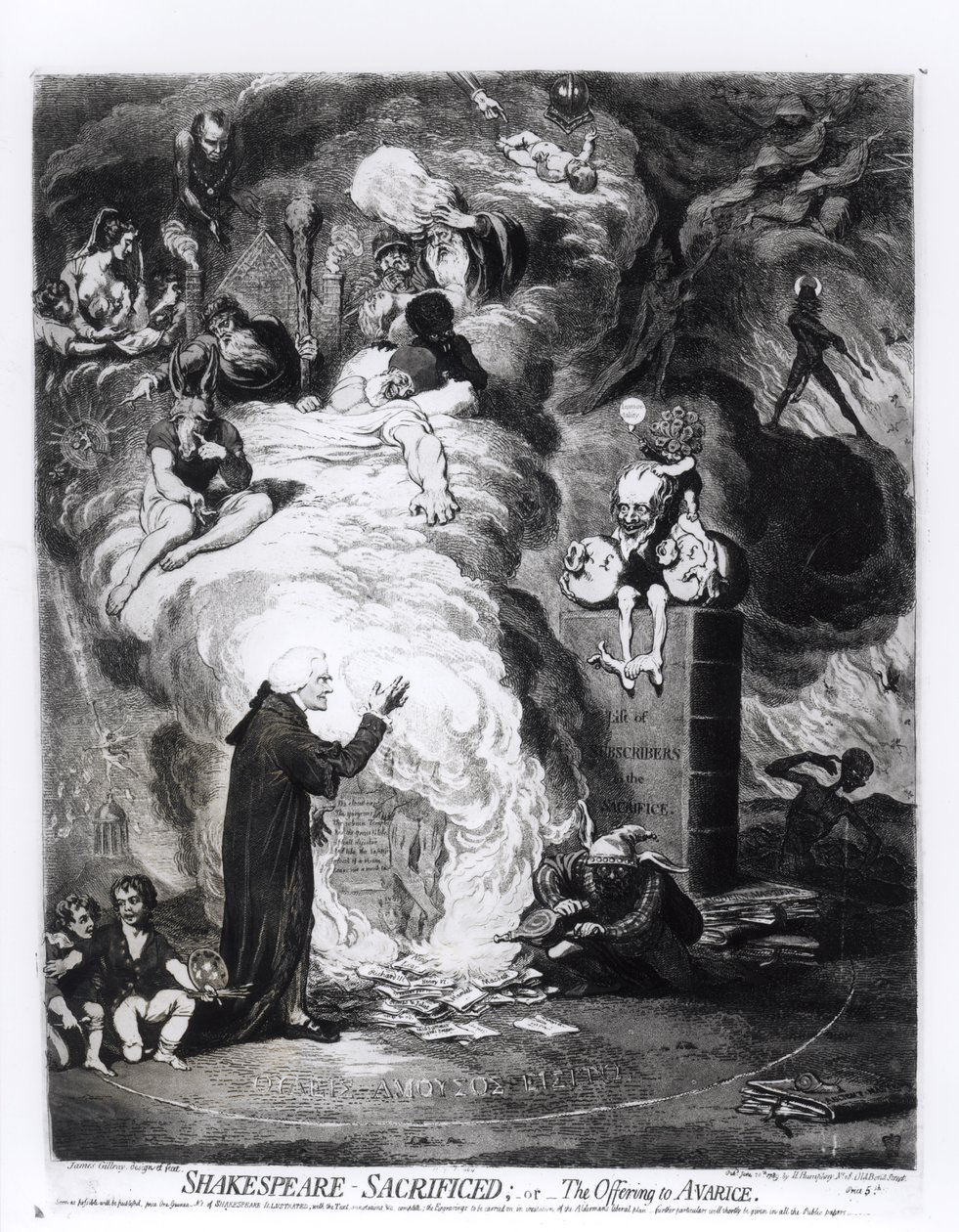 Shakespeare Geofferd, of Het Offer aan Hebzucht, gepubliceerd in 1789 door James Gillray