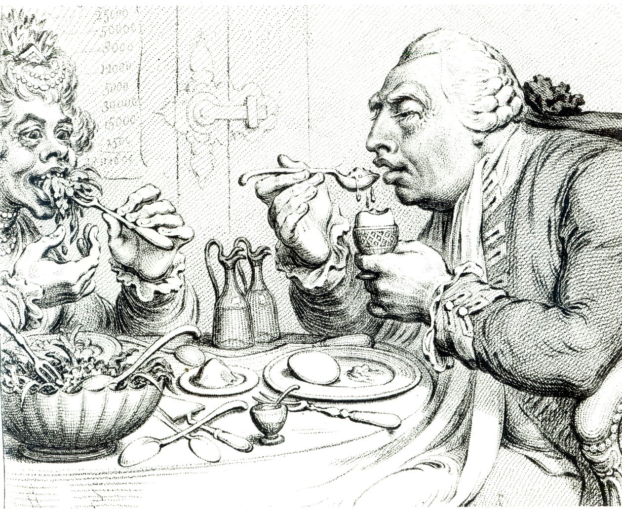 Matigheid Geniet van een Eenvoudige Maaltijd, karikatuur van George III en Koningin Charlotte door James Gillray