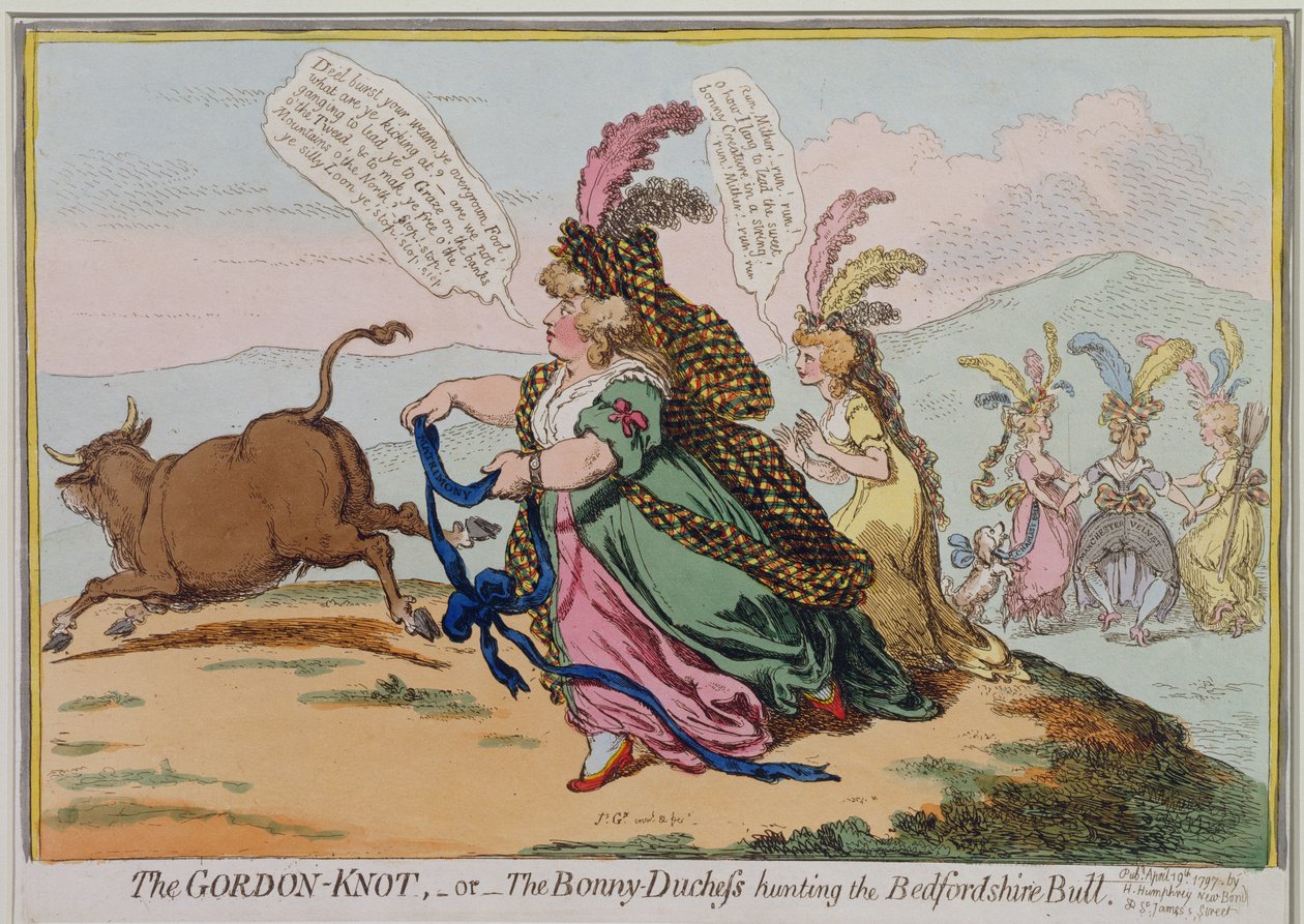 De Gordon-Knoop, of De Bonny Hertogin die de Bedford Stier jaagt, uitgegeven door Hannah Humphrey in 1797 door James Gillray