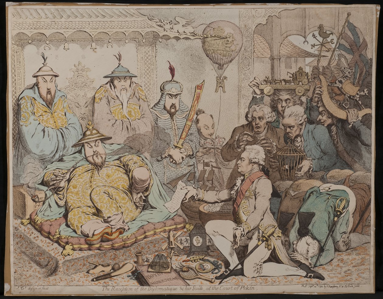 De ontvangst van de diplomaat en zijn gevolg aan het hof van Peking, 1792 door James Gillray