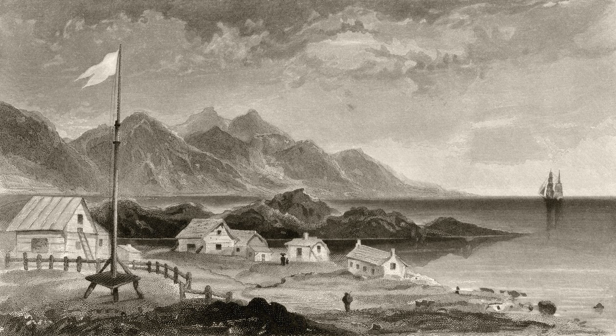Fiskenaes vanuit het huis van de gouverneur, gegraveerd door A.W. Graham, uit 