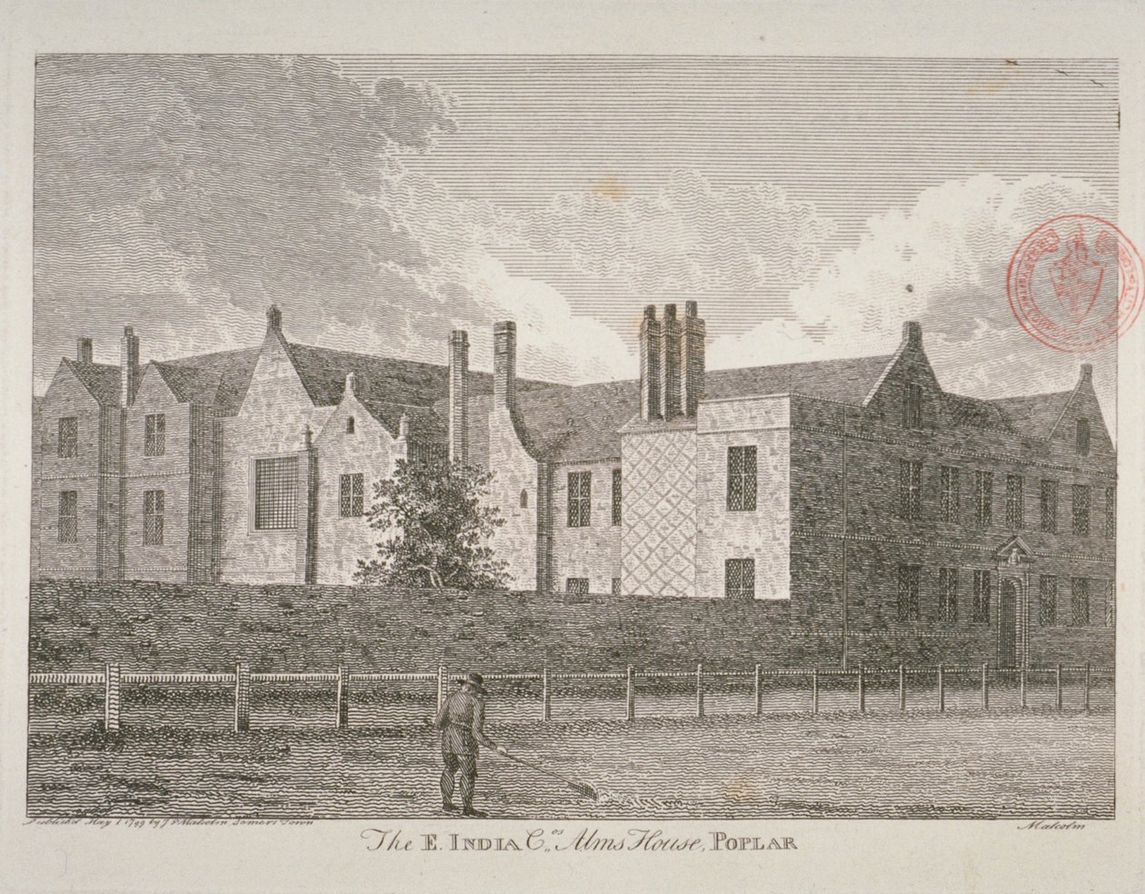 Uitzicht op de almshouses van de Oost-Indische Compagnie in Poplar, 1799 door James Peller Malcolm