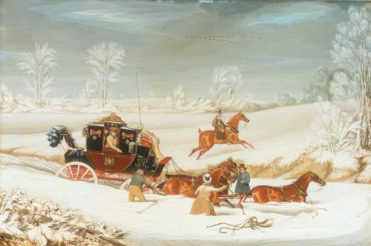 De postkoets in een sneeuwstorm door James Pollard