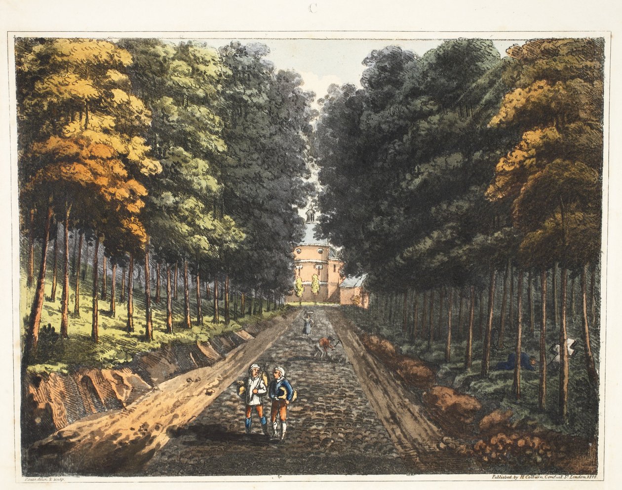 Toegang tot het dorp Waterloo, met de kapel van Waterloo in de verte door James Rouse